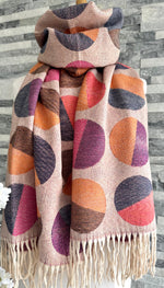 Load image into Gallery viewer, lusciousscarves Ladies Soft Wool Blend Orange, Purple , Pink and Brown Circles Scarf
