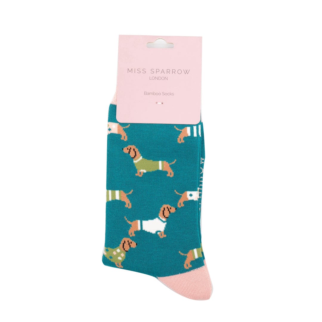 lusciousscarves Ladies Teal Sausage Dog Bamboo Socks, Miss Sparrow