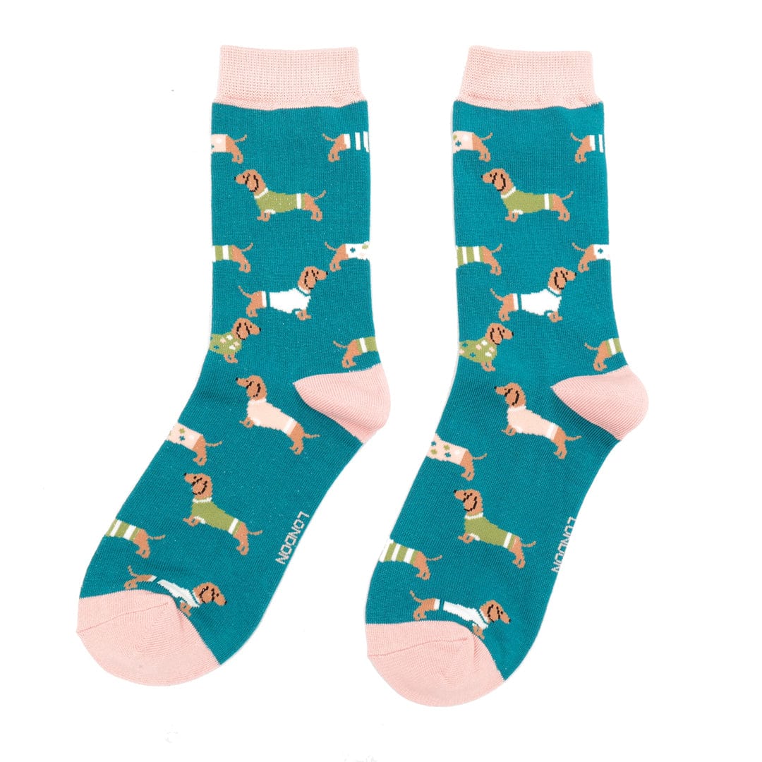 lusciousscarves Ladies Teal Sausage Dog Bamboo Socks, Miss Sparrow