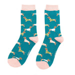 Load image into Gallery viewer, lusciousscarves Ladies Teal Sausage Dog Bamboo Socks, Miss Sparrow
