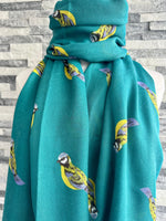 Load image into Gallery viewer, lusciousscarves Ladies Teal Scarf with Blue Tits Design.
