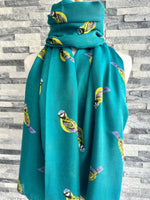 Load image into Gallery viewer, lusciousscarves Ladies Teal Scarf with Blue Tits Design.
