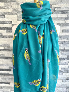 lusciousscarves Ladies Teal Scarf with Blue Tits Design.