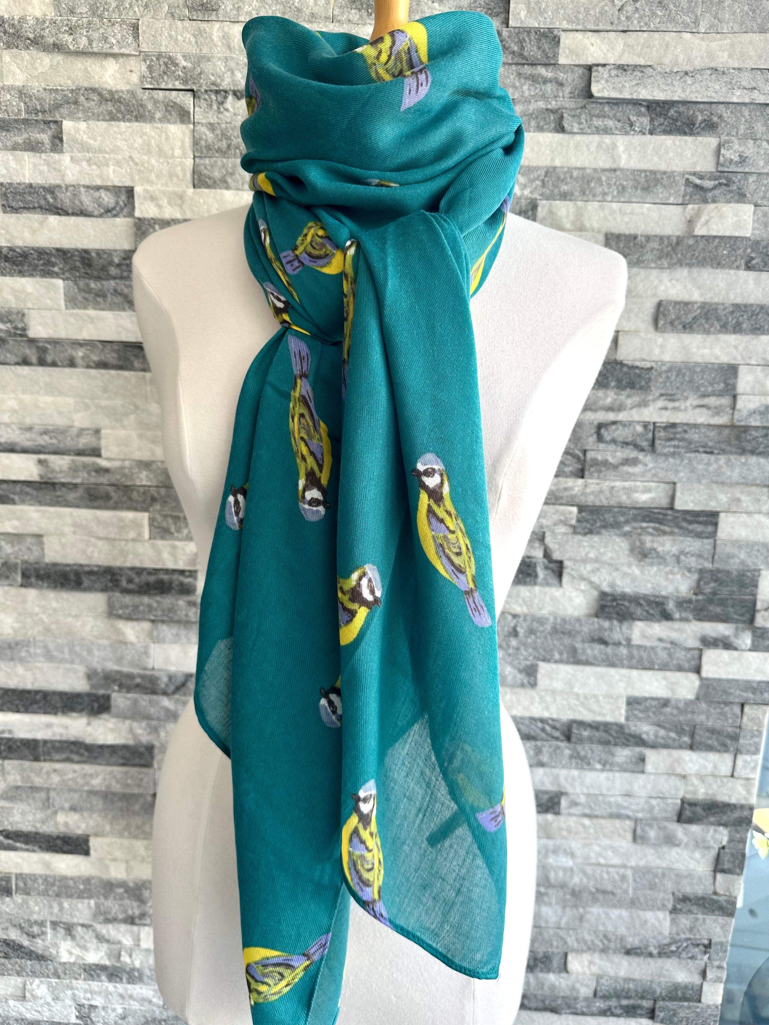 lusciousscarves Ladies Teal Scarf with Blue Tits Design.