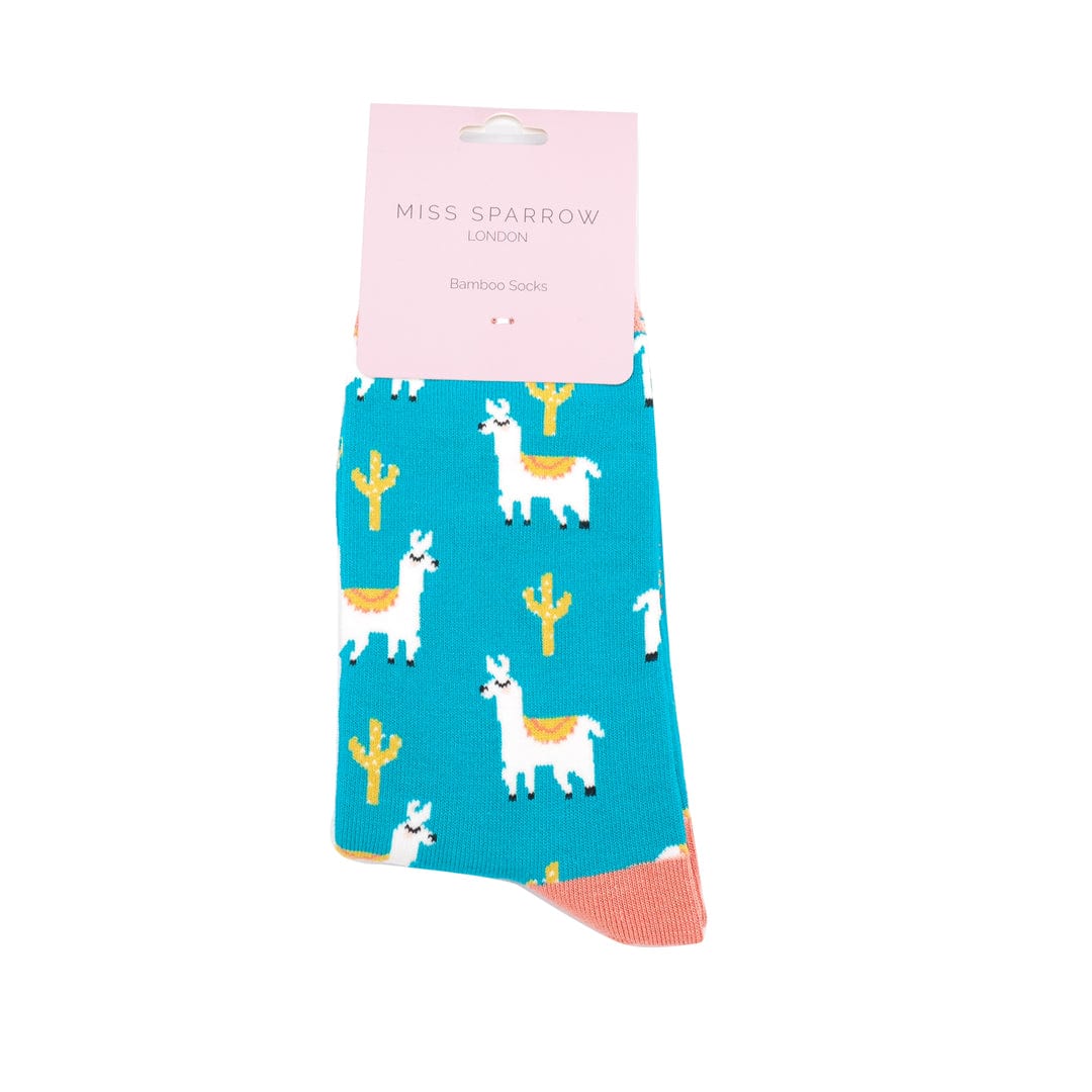 lusciousscarves Ladies Turquoise Bamboo Socks, Llamas and Cactus Design, Miss Sparrow
