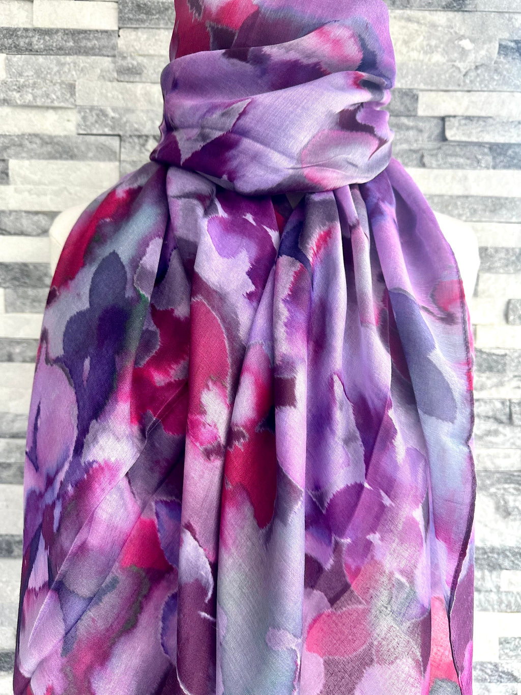 lusciousscarves Ladies Water coloured Floral Shapes Scarf,  Lilac, Purple, Pink and Maroon .