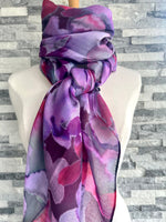 Load image into Gallery viewer, lusciousscarves Ladies Water coloured Floral Shapes Scarf,  Lilac, Purple, Pink and Maroon .
