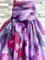 Load image into Gallery viewer, lusciousscarves Ladies Water coloured Floral Shapes Scarf,  Lilac, Purple, Pink and Maroon .
