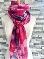 Load image into Gallery viewer, lusciousscarves Ladies Water coloured Floral Shapes Scarf, Red, Pink and Purple.
