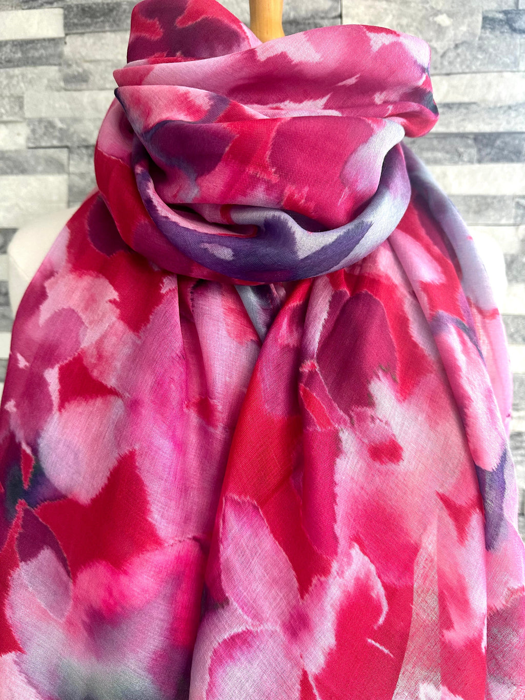 lusciousscarves Ladies Water coloured Floral Shapes Scarf, Red, Pink and Purple.