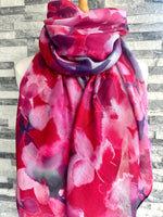 Load image into Gallery viewer, lusciousscarves Ladies Water coloured Floral Shapes Scarf, Red, Pink and Purple.
