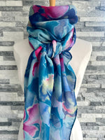 Load image into Gallery viewer, lusciousscarves Ladies Water coloured Floral Shapes Scarf, Turquoise Blue and Hot Pink.
