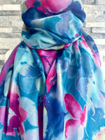 Load image into Gallery viewer, lusciousscarves Ladies Water coloured Floral Shapes Scarf, Turquoise Blue and Hot Pink.
