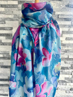 Load image into Gallery viewer, lusciousscarves Ladies Water coloured Floral Shapes Scarf, Turquoise Blue and Hot Pink.
