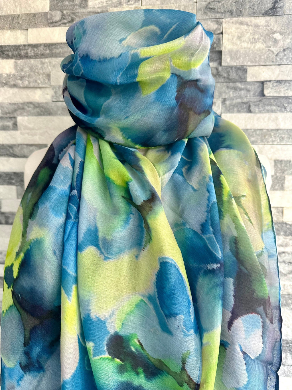 lusciousscarves Ladies Water coloured Floral Shapes Scarf, Turquoise Blue and Lime Green.