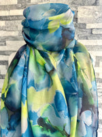 Load image into Gallery viewer, lusciousscarves Ladies Water coloured Floral Shapes Scarf, Turquoise Blue and Lime Green.

