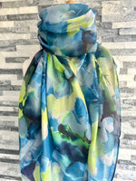 Load image into Gallery viewer, lusciousscarves Ladies Water coloured Floral Shapes Scarf, Turquoise Blue and Lime Green.
