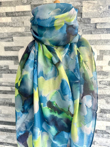 lusciousscarves Ladies Water coloured Floral Shapes Scarf, Turquoise Blue and Lime Green.
