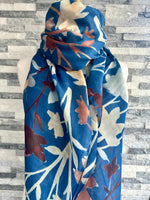 Load image into Gallery viewer, lusciousscarves Ladies Water coloured Floral Silhouettes Scarf, Blue and Maroon.
