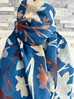 Load image into Gallery viewer, lusciousscarves Ladies Water coloured Floral Silhouettes Scarf, Blue and Maroon.
