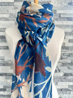 Load image into Gallery viewer, lusciousscarves Ladies Water coloured Floral Silhouettes Scarf, Blue and Maroon.
