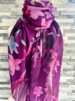 Load image into Gallery viewer, lusciousscarves Ladies Water coloured Floral Silhouettes Scarf, Purple , Lilac and Pink.
