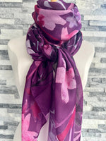 Load image into Gallery viewer, lusciousscarves Ladies Water coloured Floral Silhouettes Scarf, Purple , Lilac and Pink.
