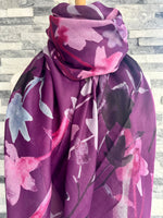 Load image into Gallery viewer, lusciousscarves Ladies Water coloured Floral Silhouettes Scarf, Purple , Lilac and Pink.
