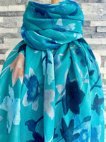 Load image into Gallery viewer, lusciousscarves Ladies Water coloured Floral Silhouettes Scarf, Turquoise, Blue and Navy.

