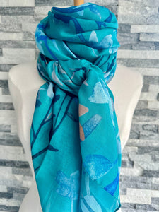 lusciousscarves Ladies Water coloured Floral Silhouettes Scarf, Turquoise, Blue and Navy.