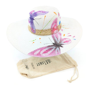 lusciousscarves Ladies White Butterfly Print Folding Wide Brim Sun Hat, Rollable