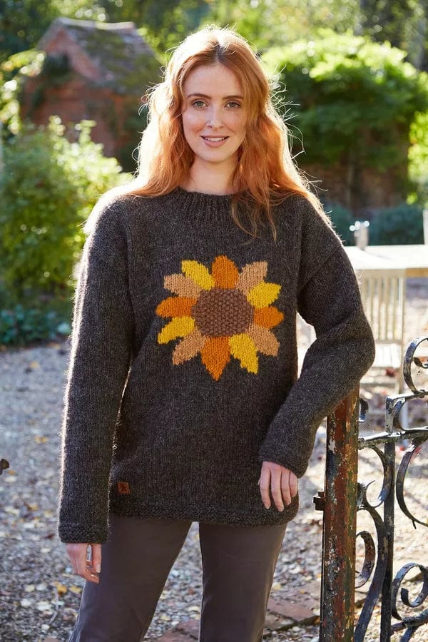 lusciousscarves Large Pachamama Womens Sunflower Design Sweater Jumper, Hand Knitted, Fair Trade