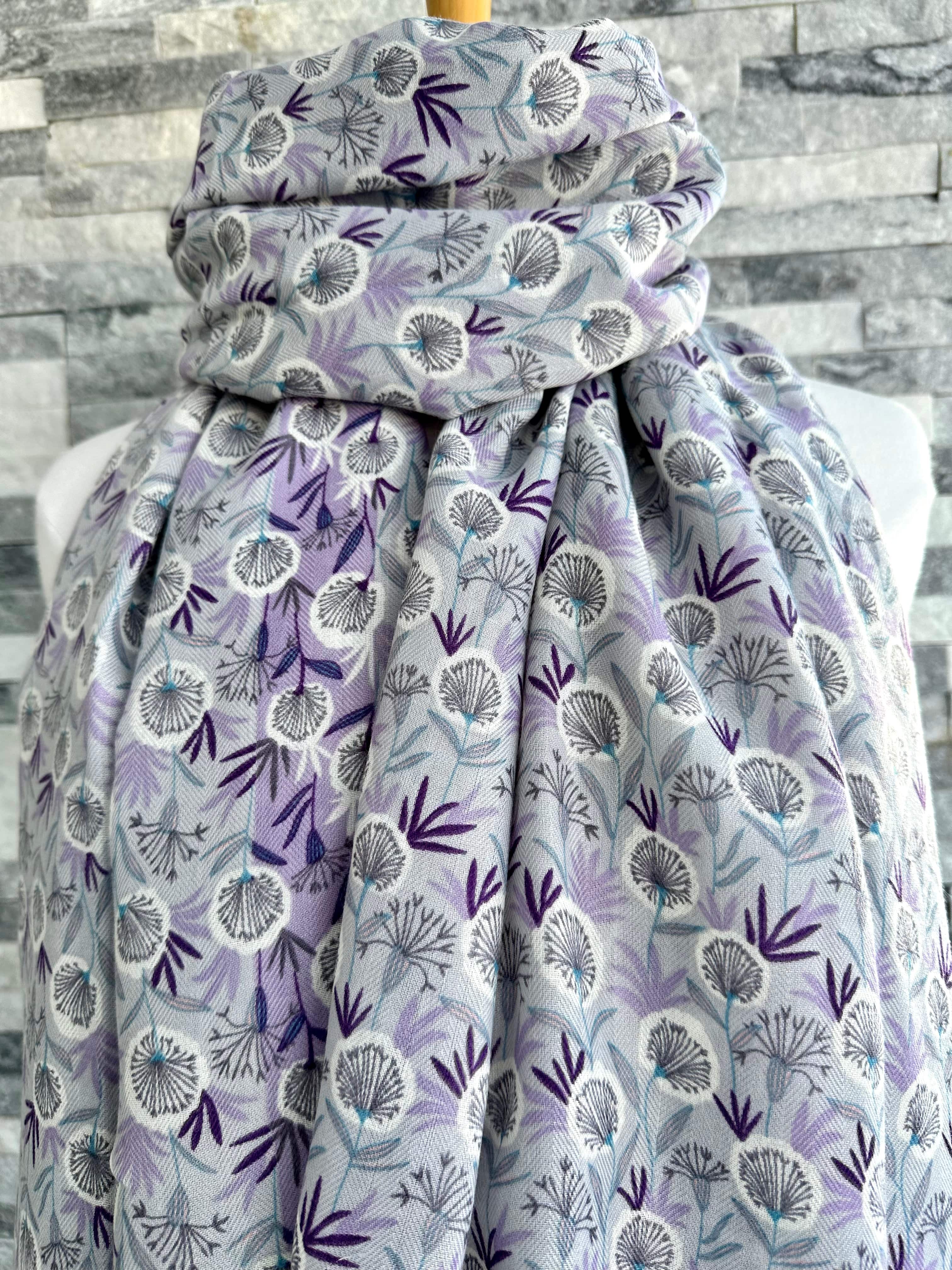 lusciousscarves Lilac and Grey Delicate Dandelions Scarf