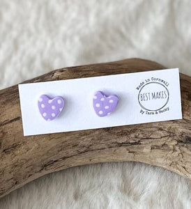 lusciousscarves Lilac and White Dotty Heart Earrings Handmade in Cornwall