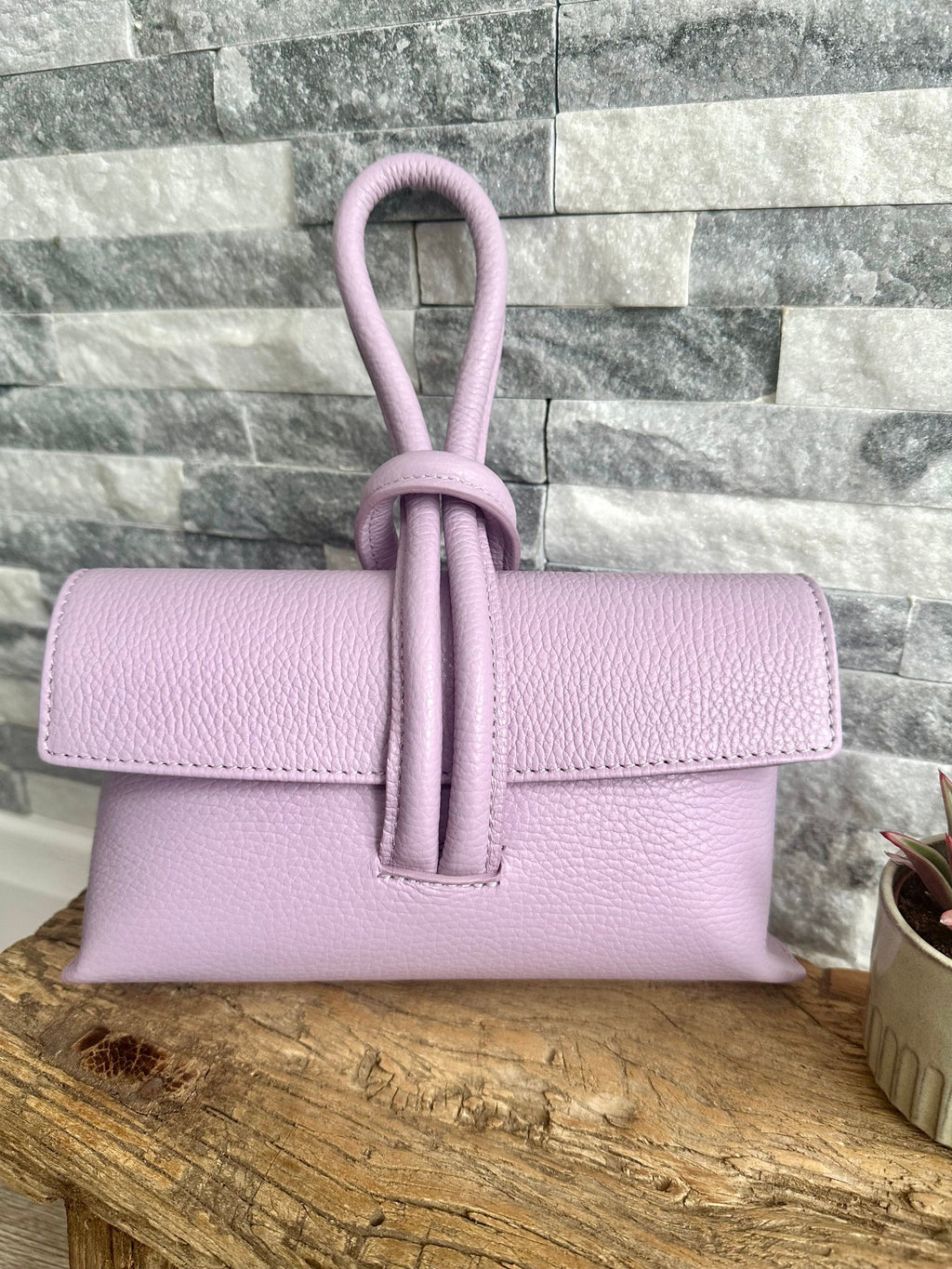 lusciousscarves Lilac Italian Leather Clutch Bag, Evening Bag with Loop Handle.
