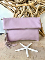 Load image into Gallery viewer, lusciousscarves Lilac Italian Leather Fold Over Clutch Bag with Tassel, Available in 17 Colours .
