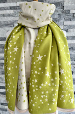 Load image into Gallery viewer, lusciousscarves Lime Green and Cream Reversible Stars Scarf / Wrap
