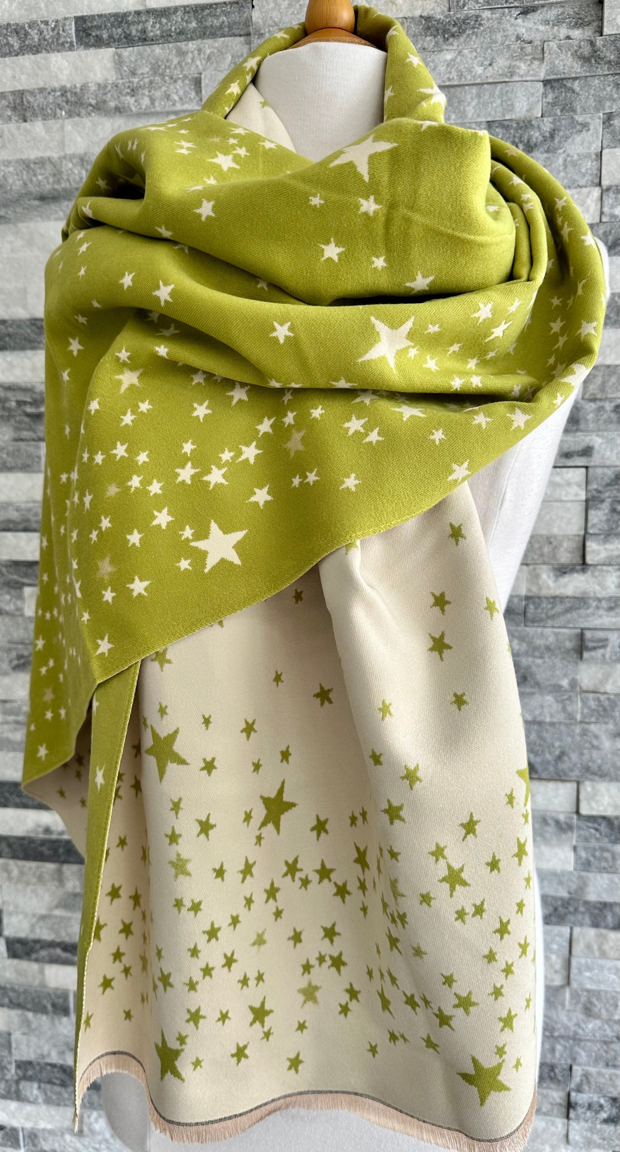 lusciousscarves Lime Green and Cream Reversible Stars Scarf / Wrap