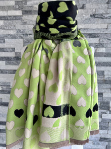 lusciousscarves Lime Green, Black and Cream Hearts Design Scarf / Wrap