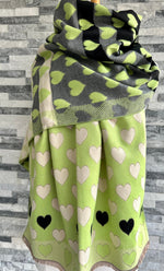 Load image into Gallery viewer, lusciousscarves Lime Green, Black and Cream Hearts Design Scarf / Wrap
