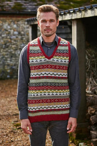 lusciousscarves M/L Pachamama Mens Classic Fairisle Tank Top Rust, Hand Knitted, Fair Trade
