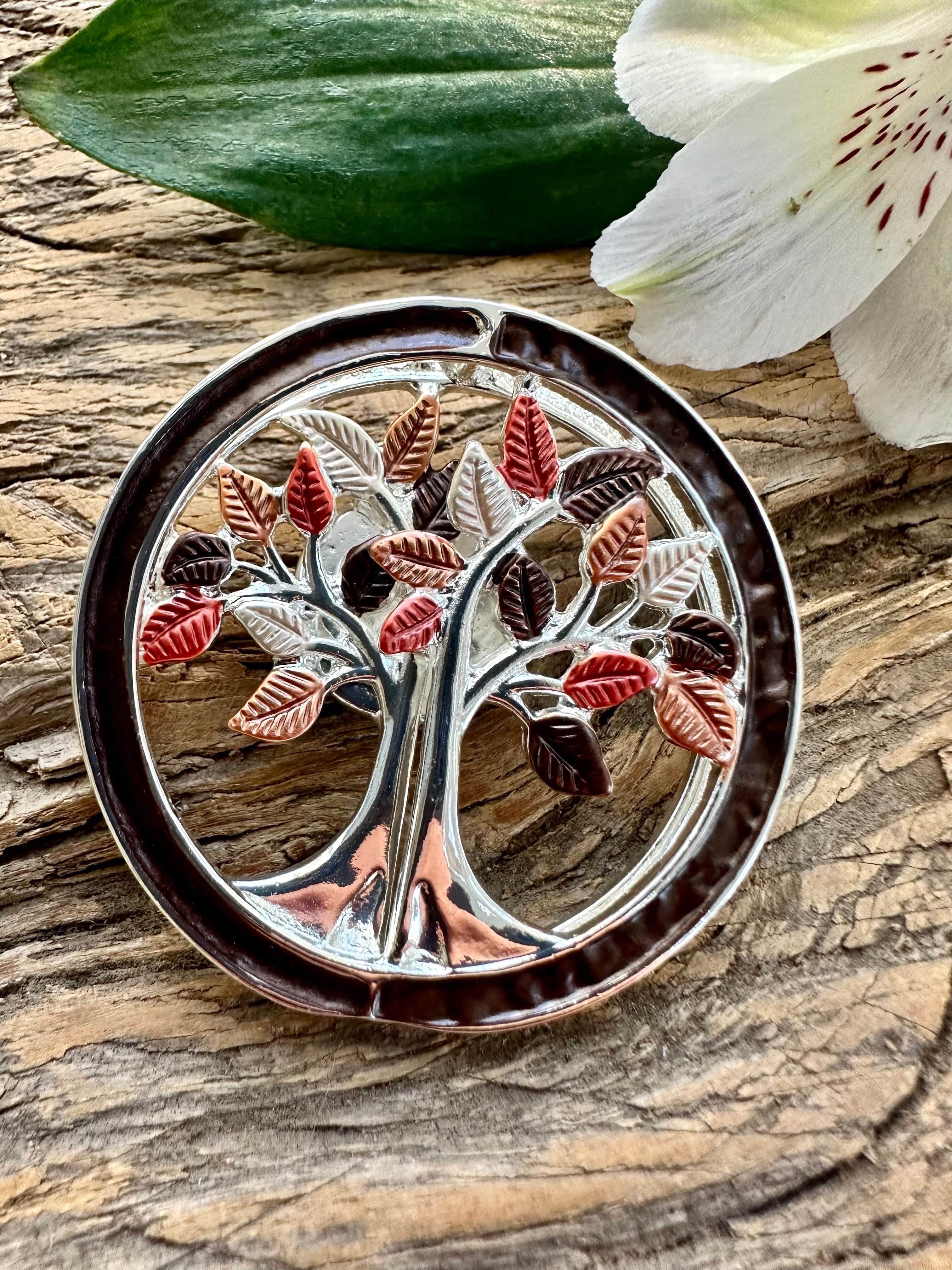 lusciousscarves Magnetic Brooch Brown and Silver Tree of Life Design