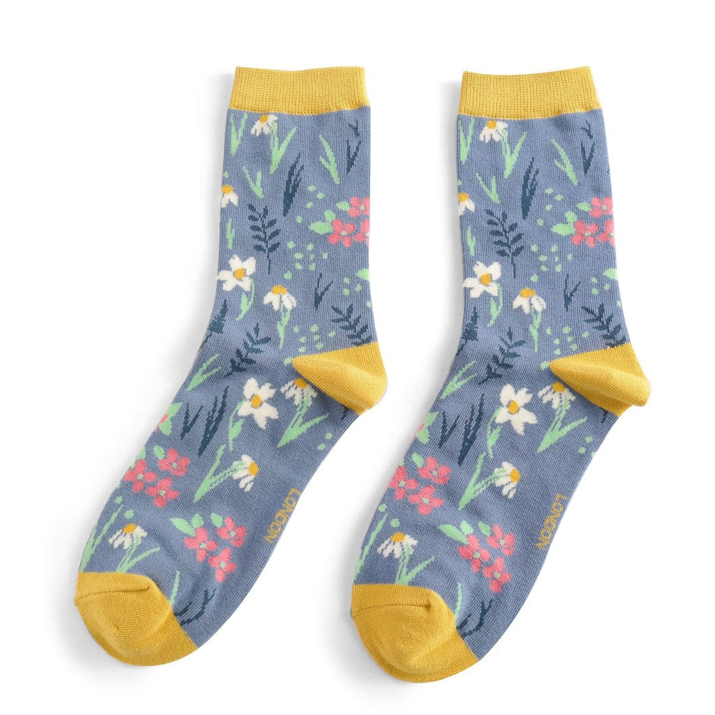 lusciousscarves Meadow Flowers Design Bamboo Socks Ladies Miss Sparrow Blue