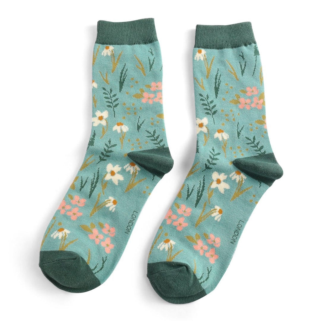 lusciousscarves Meadow Flowers Design Bamboo Socks Ladies Miss Sparrow Duck Egg