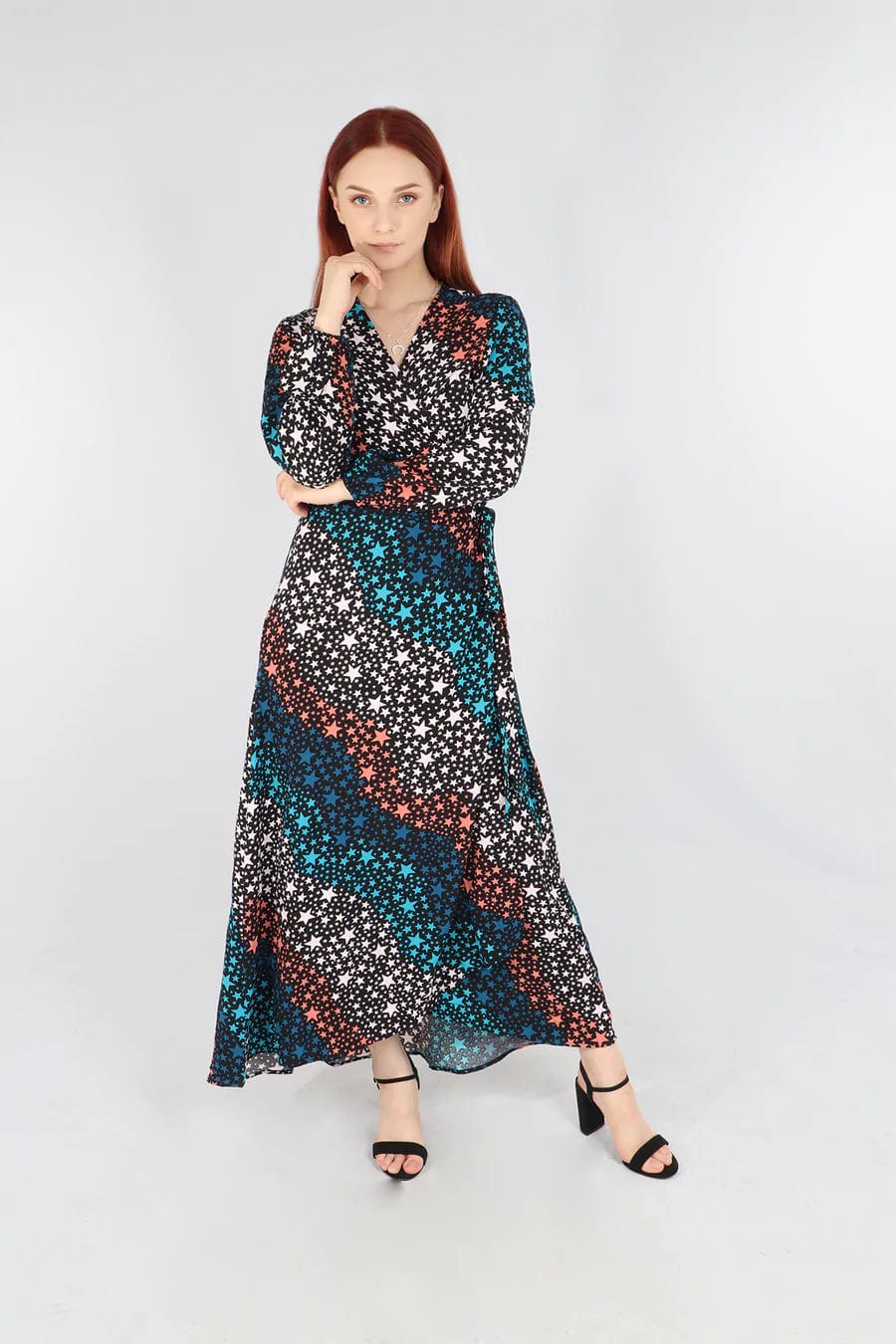 lusciousscarves Medium Muted Stars and Waves Print Wrap Dress