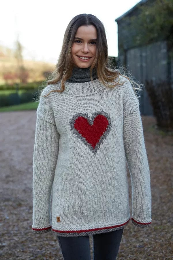 lusciousscarves Medium Pachamama Womens Oatmeal Heart Sweater Jumper, Hand Knitted, Fair Trade