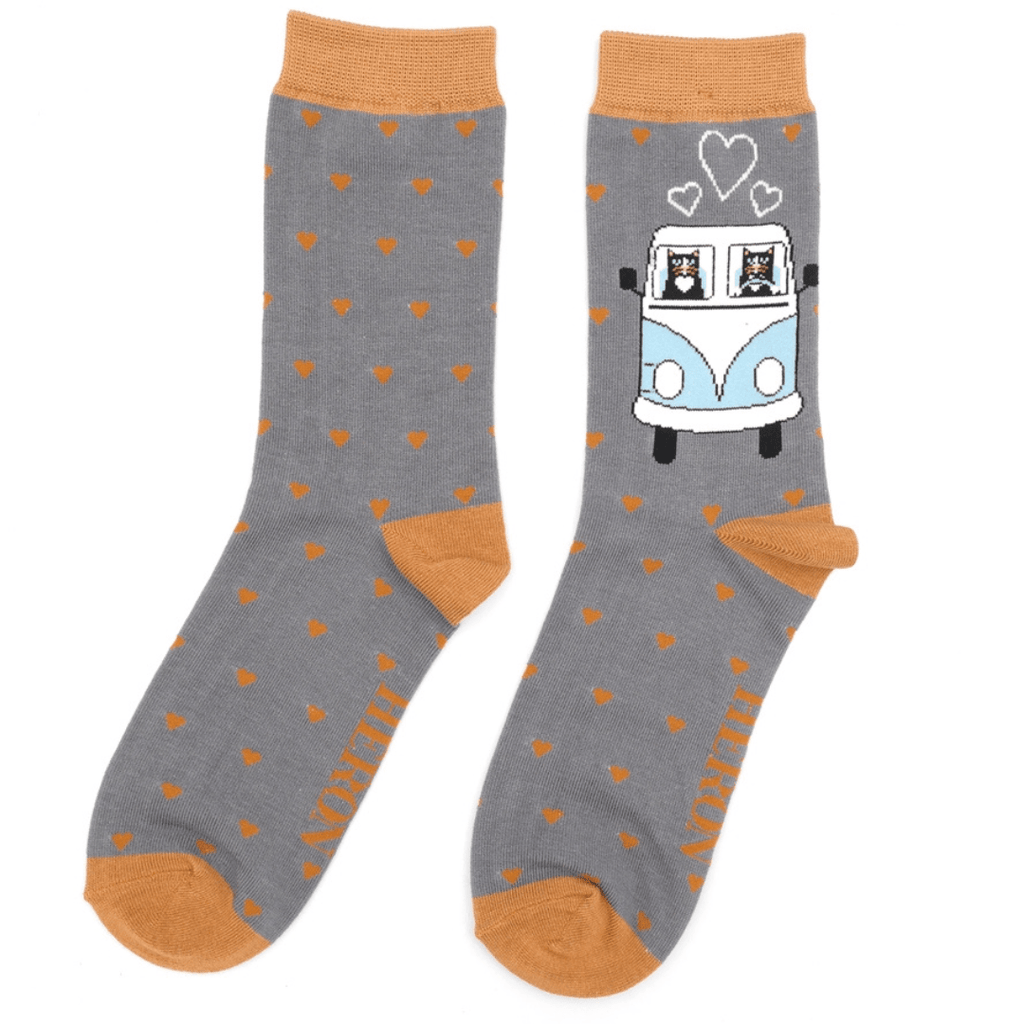 lusciousscarves Men's Bamboo Socks , Mr Heron, Cats in Campervans Design, Grey