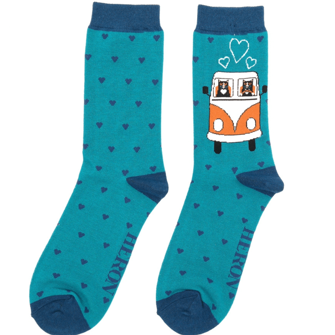 lusciousscarves Men's Bamboo Socks , Mr Heron, Cats in Campervans Design, Teal