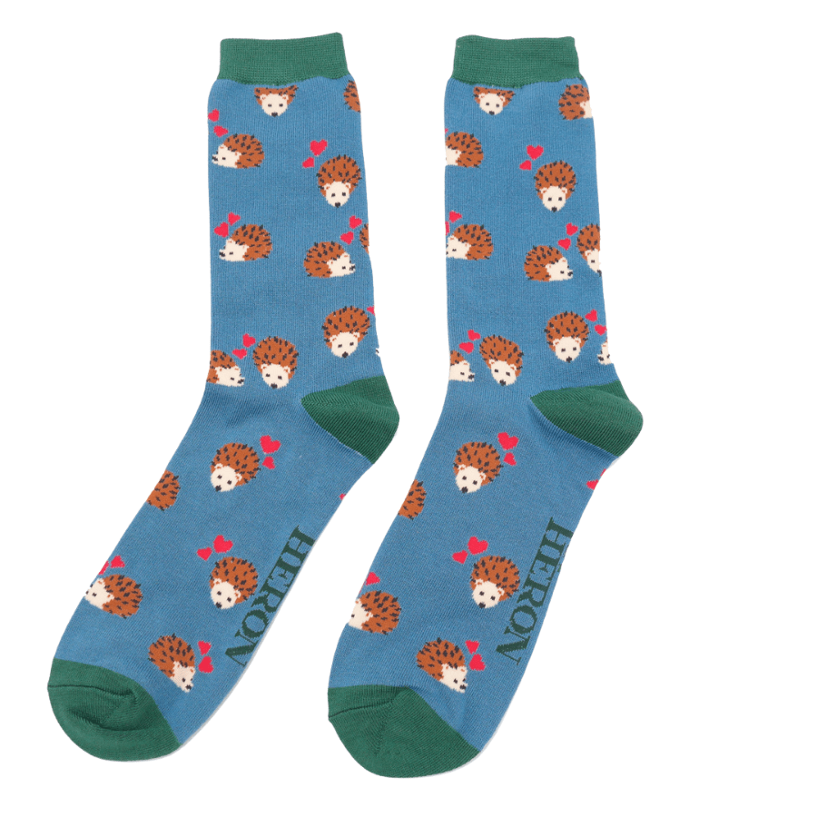 lusciousscarves Men's Bamboo Socks, Mr Heron, Hedgehogs and Hearts Design, Blue