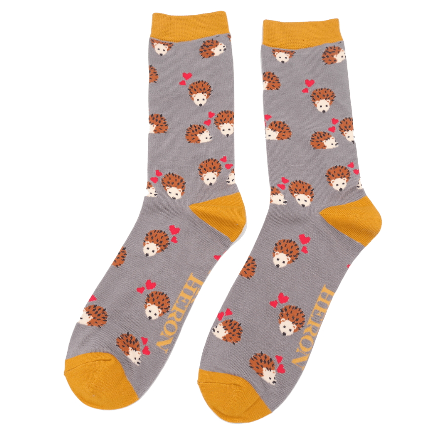 lusciousscarves Men's Bamboo Socks , Mr Heron, Hedgehogs and Hearts Design, Grey